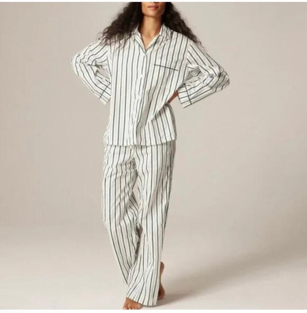 J. Crew Peppermint Green White Stripe Poplin Cotton Pajamas Top Pants Set Sz M